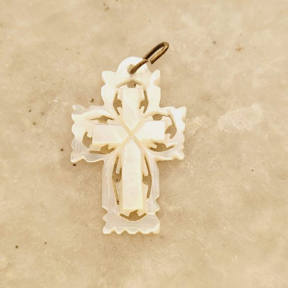 Jewelry - Vintage Mother of Pearl Etched Cross Pendant